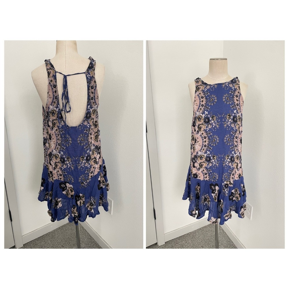 Intimately Free People Dress Women S‎ Blue Floral Shift Asymmetrical Mini Boho